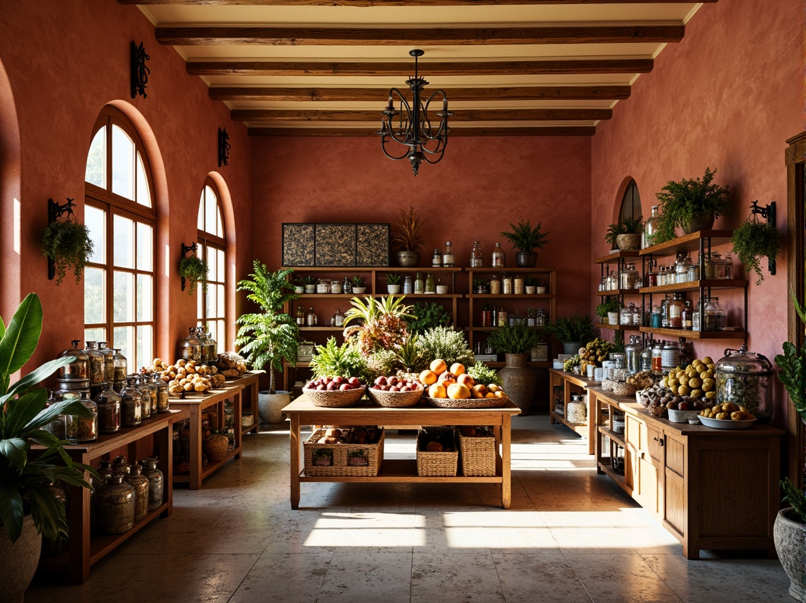 Prompt: Renaissance-inspired grocery store, warm earthy tones, terracotta red walls, golden yellow accents, soft cream ceilings, rustic wooden shelves, ornate metal fixtures, vintage apothecary jars, distressed stone floors, lush greenery, natural light pouring in through large windows, warm afternoon sunlight, shallow depth of field, 3/4 composition, realistic textures, ambient occlusion.