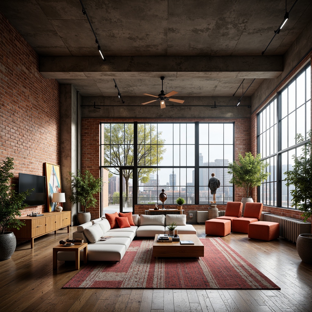 Prompt: Exposed brick walls, industrial metal beams, reclaimed wood floors, minimalist decor, abundant natural light, airy open spaces, eclectic furniture mix, vintage decorative items, urban cityscape views, concrete columns, steel windows, modern art pieces, abstract sculptures, bold colorful accents, high ceilings, functional modular layout, flexible living areas, cozy reading nooks, warm atmospheric lighting, shallow depth of field, 1/1 composition, realistic textures, ambient occlusion.