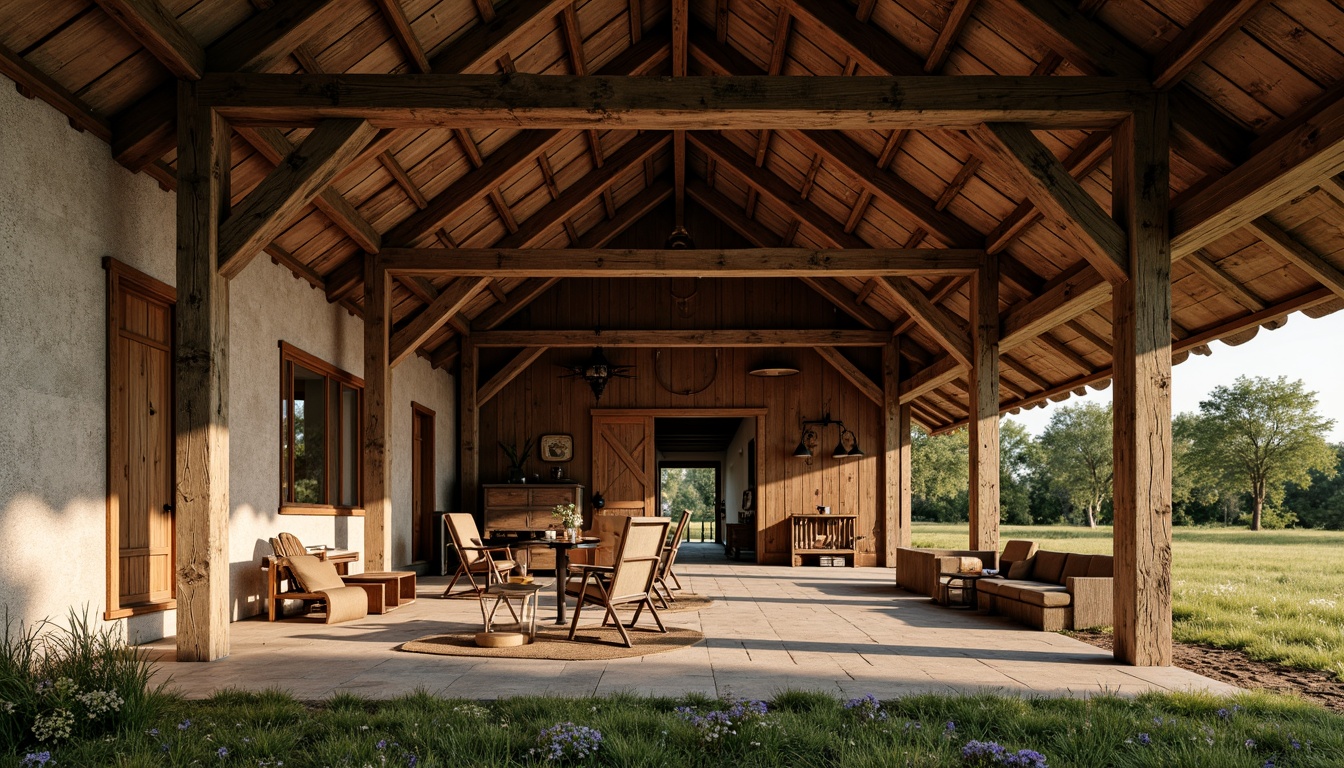 Prompt: Rustic barn, wooden beams, vintage farm tools, hayloft, natural stone walls, earthy color palette, curved rooflines, asymmetrical architecture, distressed wood textures, wildflower meadow, sunny afternoon, soft warm lighting, shallow depth of field, 1/1 composition, intimate close-up shots, realistic weathering effects, ambient occlusion.