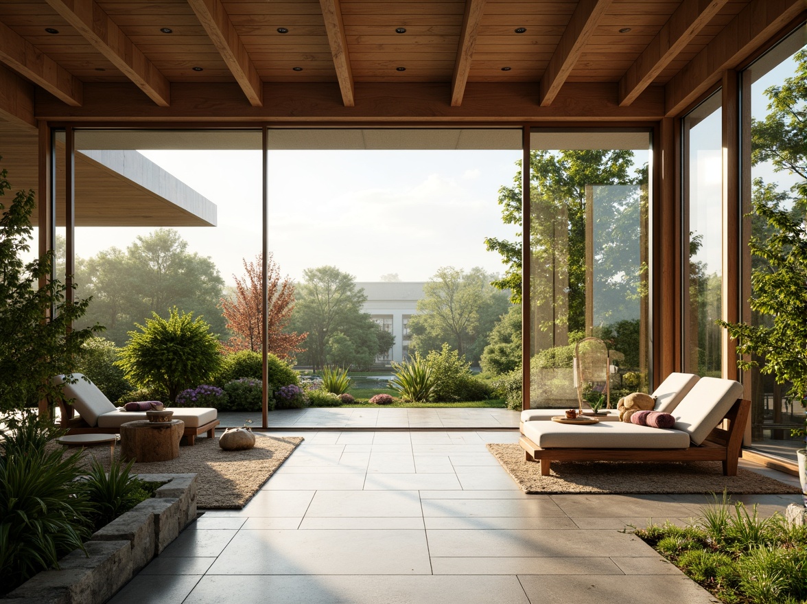 Prompt: Bright airy interior, floor-to-ceiling windows, sliding glass doors, natural stone flooring, wooden accents, lush greenery, vibrant flowers, modern minimalist decor, soft warm lighting, shallow depth of field, 3/4 composition, panoramic view, realistic textures, ambient occlusion.