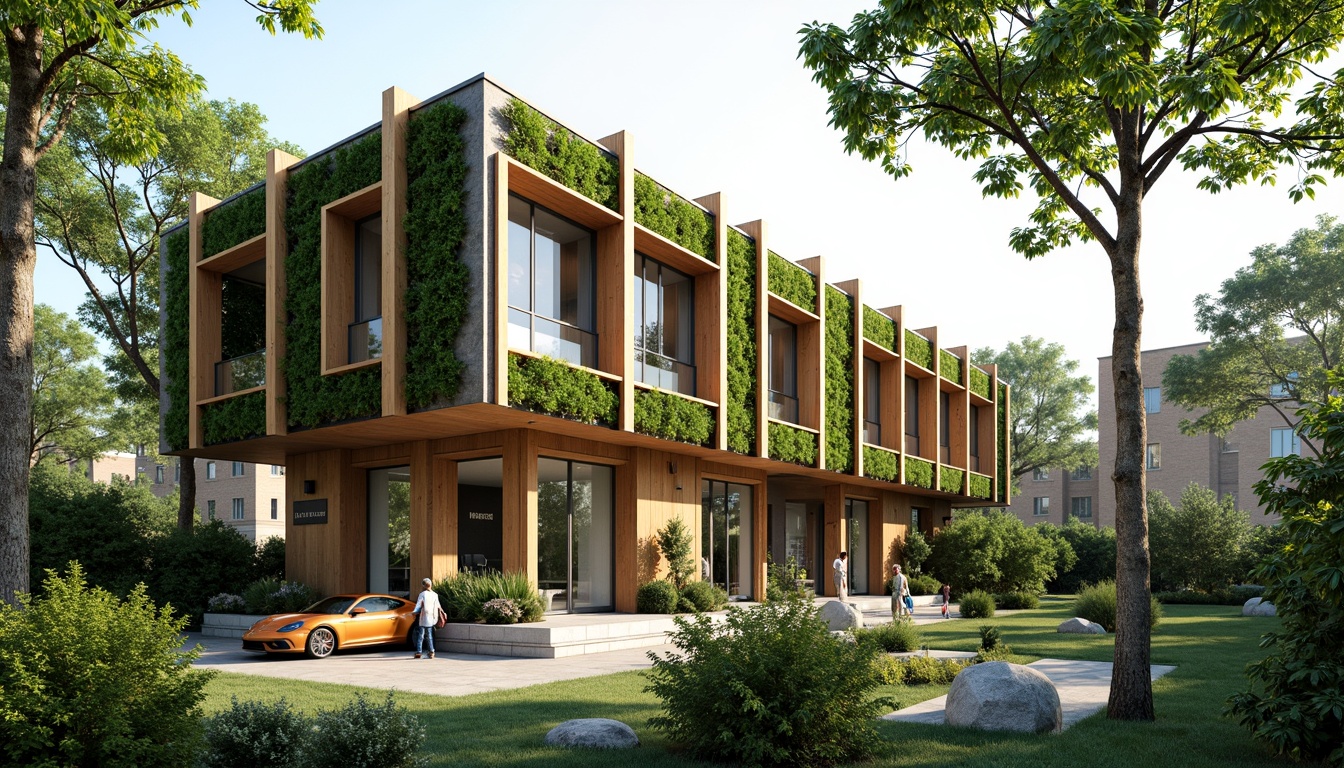 Prompt: Eco-friendly building, reclaimed wood accents, living green walls, solar panels, wind turbines, rainwater harvesting systems, low-carbon concrete, recycled metal structures, bamboo flooring, natural fiber textiles, energy-efficient glazing, double-glazed windows, thermal massing, passive ventilation, organic shapes, earthy color palette, lush vegetation, serene atmosphere, soft natural lighting, shallow depth of field, 3/4 composition, realistic textures, ambient occlusion.