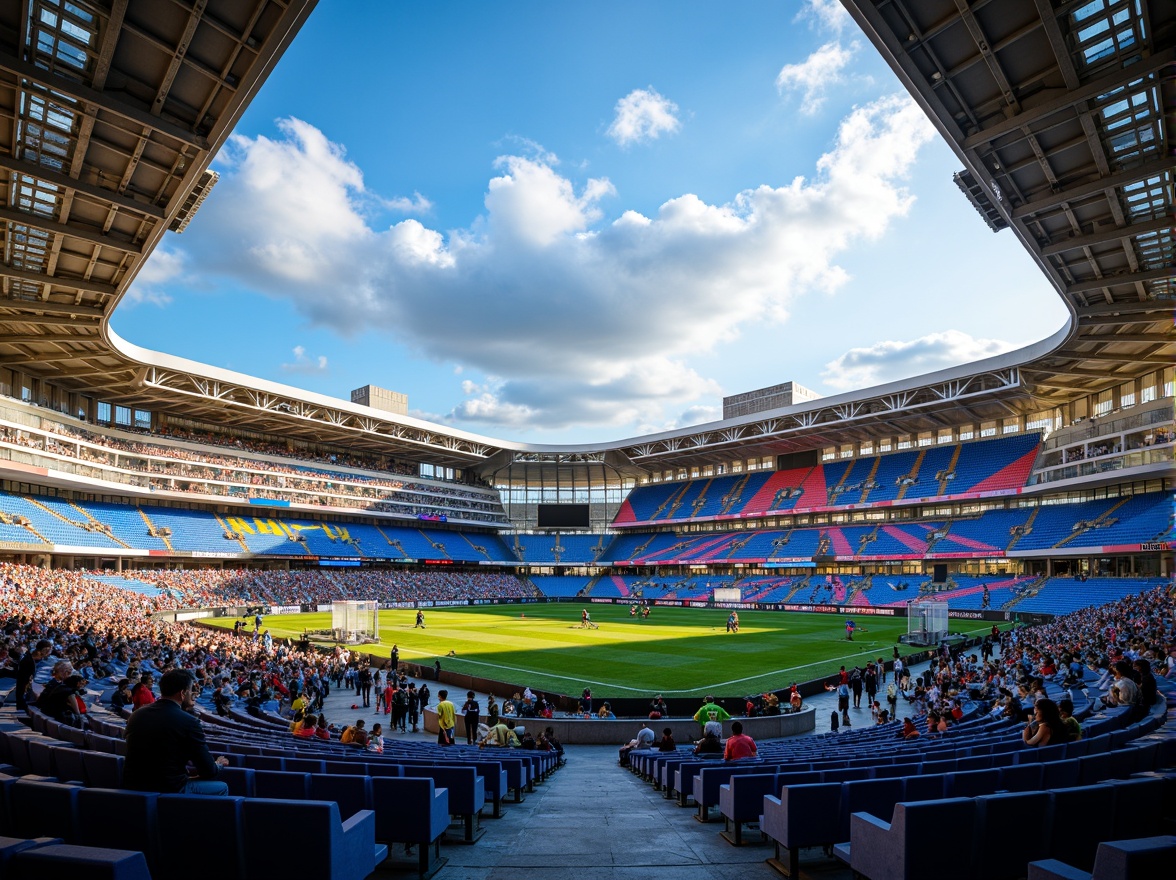 Prompt: Vibrant stadium atmosphere, electric blue seats, bright yellow accents, bold red stripes, dynamic LED lighting, modern angular architecture, sleek metal beams, polished concrete floors, energetic crowd scenes, sunny day with fluffy white clouds, shallow depth of field, 1/1 composition, realistic textures, ambient occlusion, dramatic shadows, warm golden hour lighting.