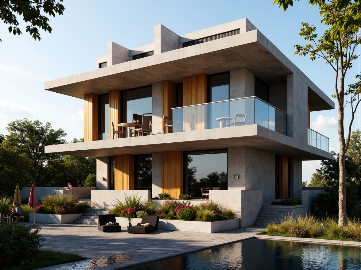 Prompt: Deconstructed villa facade, fragmented forms, irregular shapes, bold cantilevers, dynamic volumes, contrasting materials, rough concrete textures, smooth glass surfaces, metallic accents, abstract patterns, vibrant color blocking, dramatic shadows, warm ambient lighting, shallow depth of field, 1/1 composition, close-up shot, realistic renderings, atmospheric effects.