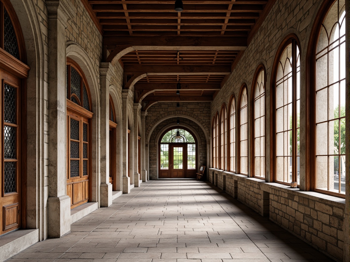 Prompt: Rustic stone walls, weathered brick facades, ornate carvings, grand archways, ribbed vaults, stained glass windows, heavy wooden doors, intricate ironwork, ornamental capitals, rough-hewn granite columns, earthy tone color palette, natural light filtering, warm ambient lighting, shallow depth of field, 2/3 composition, symmetrical framing, realistic textures, subtle atmospheric effects.