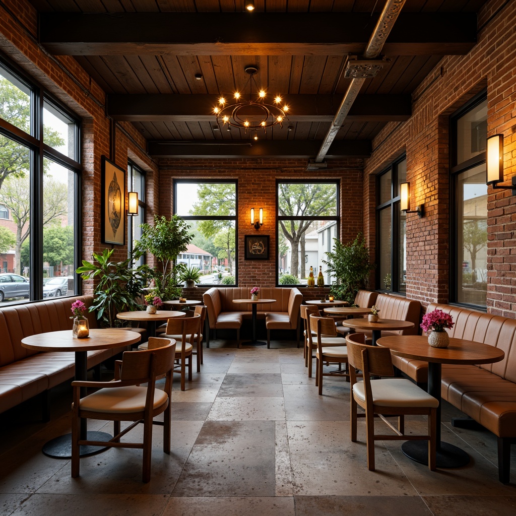 Prompt: Cozy coffee shop, warm wooden accents, rich brown tones, comfortable seating areas, rustic brick walls, industrial metal beams, reclaimed wood tables, soft cushioned chairs, natural stone flooring, earthy color palette, warm lighting ambiance, shallow depth of field, 3/4 composition, realistic textures, ambient occlusion.