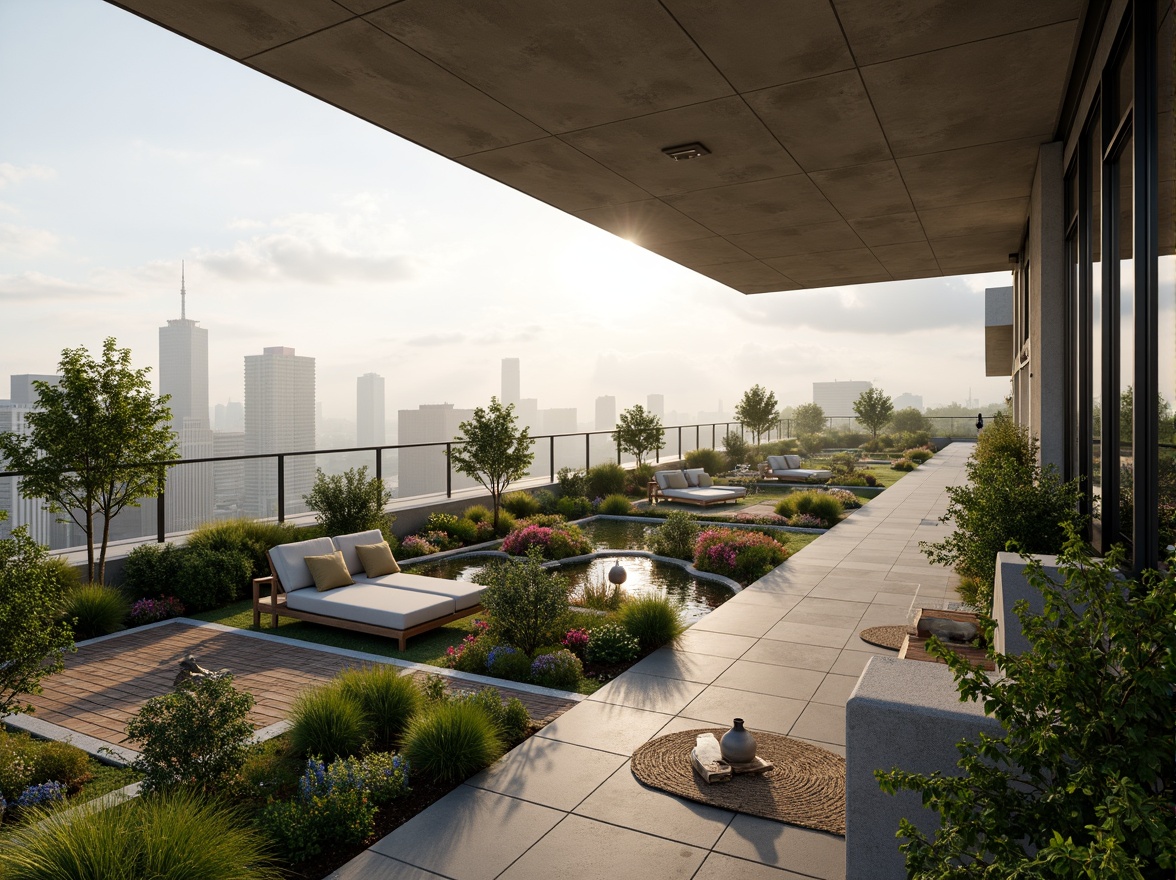 Prompt: Luxurious penthouse, sleek modern design, floor-to-ceiling windows, panoramic city views, lush green rooftop garden, vibrant flowers, tranquil water features, natural stone pathways, wooden decks, outdoor lounge areas, comfortable seating, ambient lighting, shallow depth of field, 3/4 composition, realistic textures, misty morning atmosphere, warm sunny day, soft warm lighting.