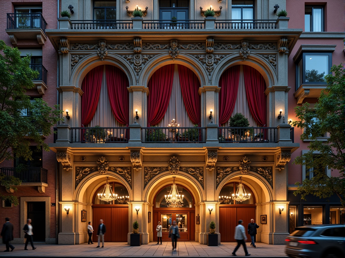 Prompt: Grandiose theater facade, ornate Renaissance details, intricately carved stonework, majestic arches, grand entranceways, opulent balconies, lavish ornamentation, gilded accents, rich velvet drapes, crystal chandeliers, Baroque-inspired motifs, dramatic spotlights, warm golden lighting, shallow depth of field, 1/2 composition, symmetrical architecture, historic preservation, urban cityscape, evening atmosphere, soft misty effects.