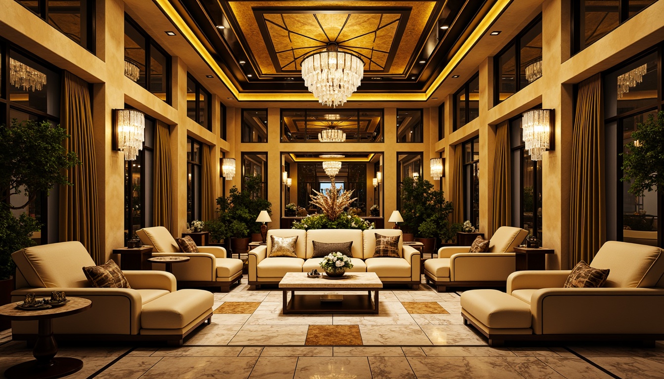 Prompt: Luxurious Art Deco interior, opulent gold accents, rich jewel-toned colors, bold black outlines, lavish cream textures, metallic silver highlights, geometric patterns, ornate furnishings, velvet drapes, marble floors, crystal chandeliers, sunburst motifs, zigzag designs, luxurious fabrics, glamorous ambiance, warm golden lighting, high-contrast composition, dramatic shadows, ornate details, vintage glamour.