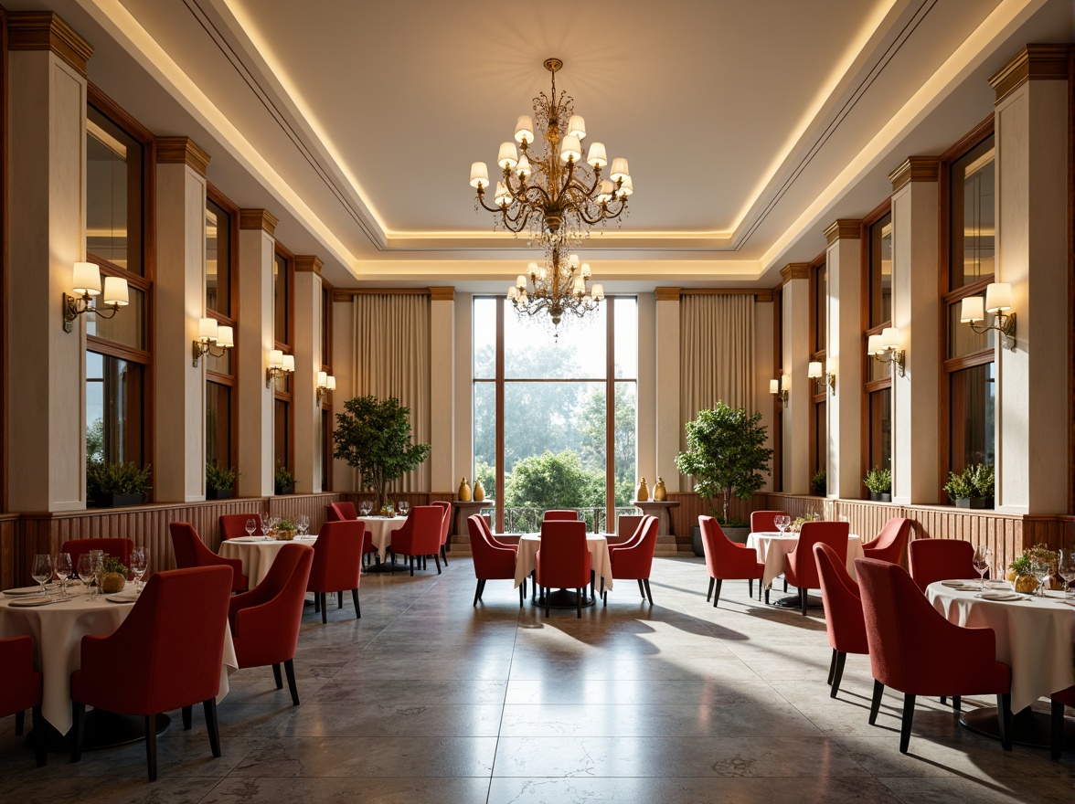 Prompt: Elegant dining hall, luxurious chandeliers, rich wood tones, warm beige walls, soft cream accents, velvety red upholstery, golden metallic fixtures, sophisticated gray marble floors, lavish greenery, natural light pouring in, airy atmosphere, shallow depth of field, 1/1 composition, realistic textures, ambient occlusion.