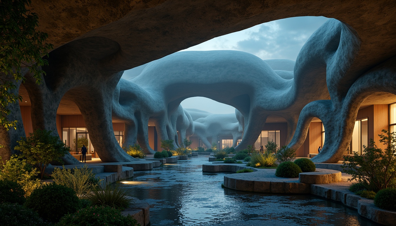 Prompt: Curved blob-like structures, irregular shapes, amoeba-inspired forms, soft rounded edges, fluidic architecture, natural materials, earthy tones, moss-covered walls, wooden accents, organic textures, wavy lines, abstract patterns, futuristic ambiance, neon-lit nighttime scene, misty atmosphere, shallow depth of field, 1/1 composition, cinematic lighting, realistic renderings, ambient occlusion.