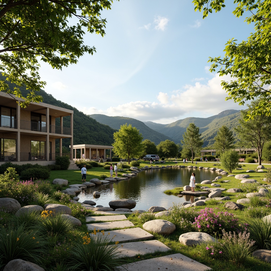 Prompt: Harmonious landscape integration, rolling hills, lush greenery, serene lakeside, walking trails, wooden benches, natural stone pathways, modern architecture, large windows, glass doors, blooming flowers, sunny day, soft warm lighting, shallow depth of field, 3/4 composition, panoramic view, realistic textures, ambient occlusion.