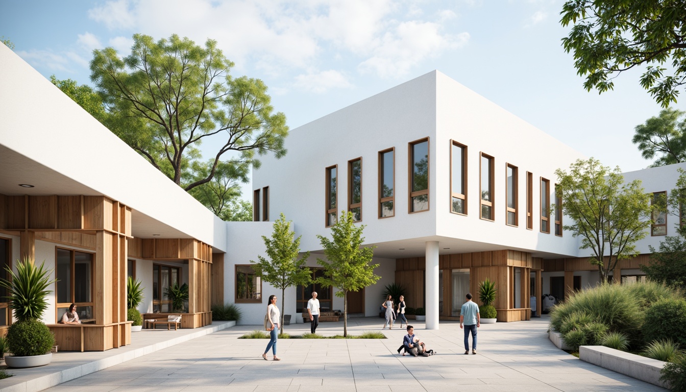 Prompt: Simple student hall facade, minimalist architecture, clean lines, white walls, large windows, sliding glass doors, wooden accents, natural stone flooring, green roofs, vertical gardens, modern lighting fixtures, subtle color scheme, calm atmosphere, soft natural light, shallow depth of field, 1/1 composition, realistic textures, ambient occlusion.