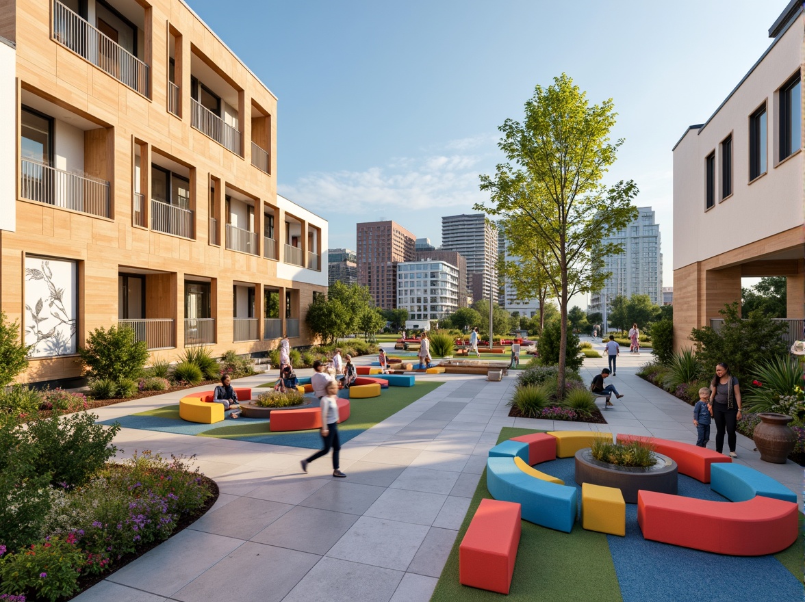 Prompt: Vibrant community center, bold color blocking, pastel hues, neutral backgrounds, natural wood accents, industrial metal frames, large windows, sliding glass doors, urban cityscape, modern architecture, geometric patterns, abstract murals, cozy seating areas, lush green roofs, solar panels, eco-friendly materials, minimalist decor, soft warm lighting, shallow depth of field, 3/4 composition, realistic textures, ambient occlusion.