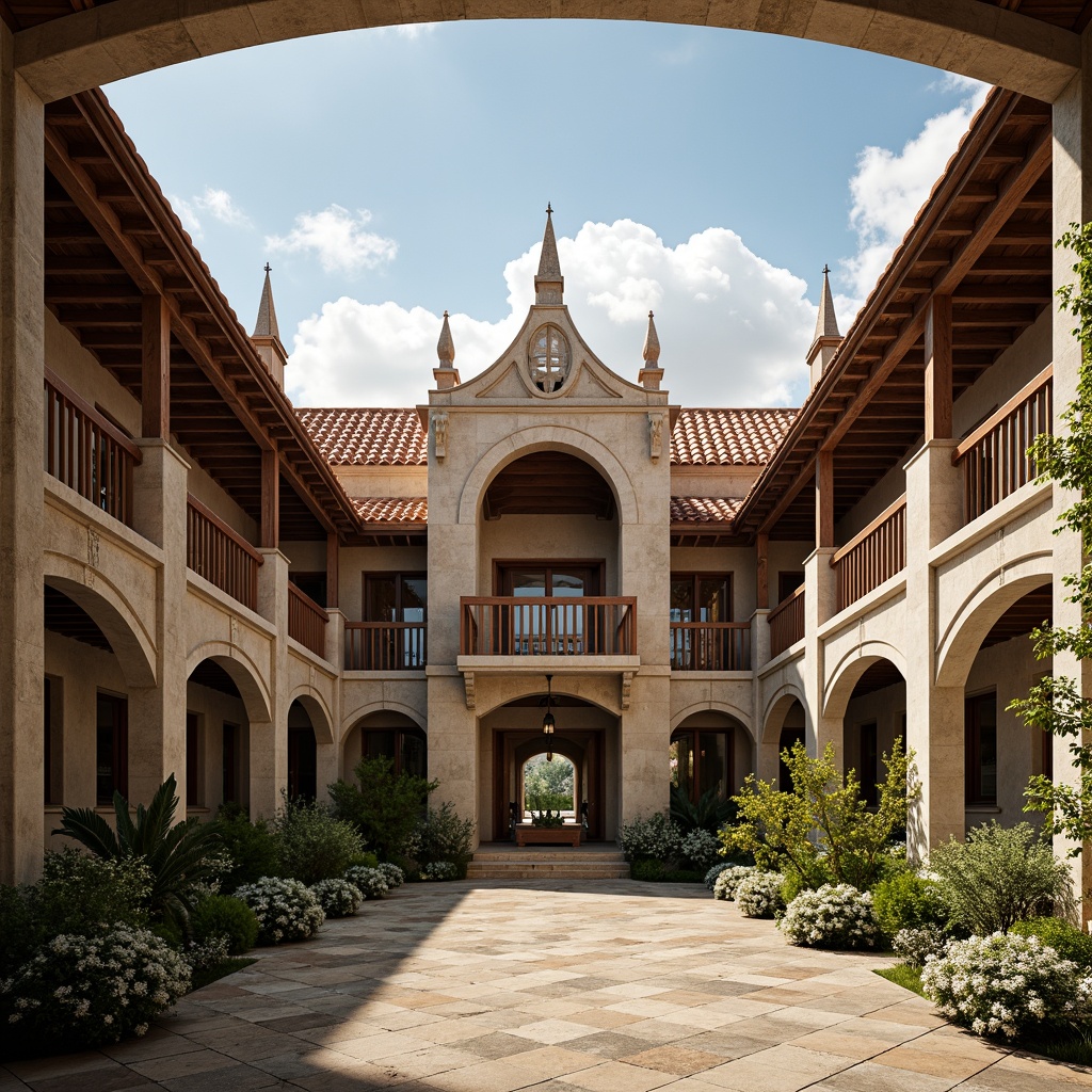 Prompt: Grand pavilion, Romanesque style, ornate roof tiles, curved arches, ribbed vaults, decorative finials, intricate stone carvings, rustic wooden beams, natural slate roofing, terra cotta accents, warm earthy tones, soft afternoon lighting, shallow depth of field, 1/2 composition, symmetrical framing, realistic textures, ambient occlusion.