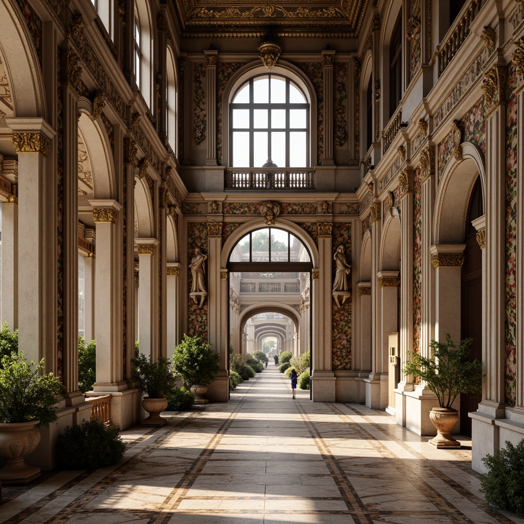 Prompt: Grandiose palaces, ornate facades, classical columns, carved stone decorations, intricate moldings, gilded accents, ornamental balconies, arched windows, rusticated bases, sculpted figurines, frescoed ceilings, marble floors, symmetrical compositions, dramatic lighting, warm color palette, rich textures, subtle shadows, 3/4 perspective, realistic renderings.