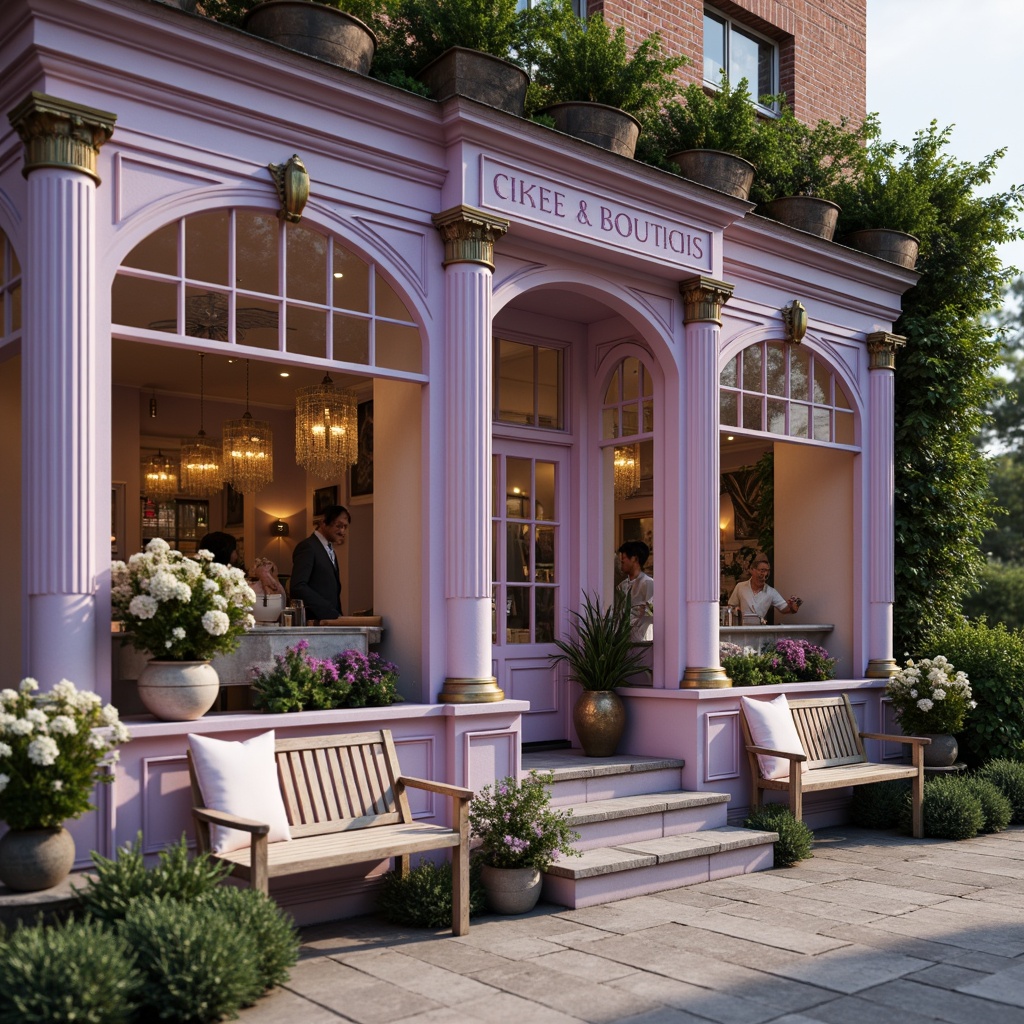 Prompt: Whimsical lilac-hued boutique, ornate Victorian architecture, delicate filigree details, soft pastel colors, romantic florals, lush greenery, vintage garden benches, distressed wooden accents, antique bronze fixtures, warm golden lighting, shallow depth of field, 1/1 composition, intimate close-up shots, realistic textures, ambient occlusion.