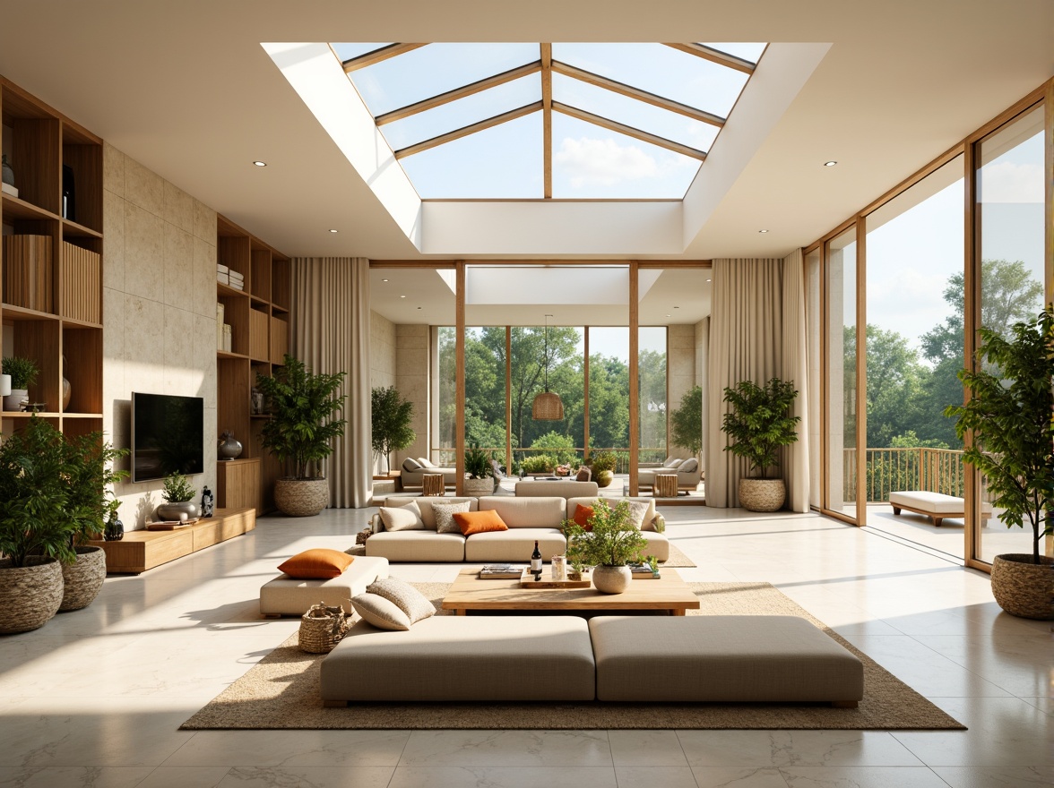 Prompt: Vibrant living room, floor-to-ceiling windows, sliding glass doors, minimal window frames, clerestory windows, skylights, open-plan layout, reflective surfaces, polished marble floors, creamy white walls, warm beige furniture, lush greenery, potted plants, natural textiles, woven baskets, soft warm lighting, shallow depth of field, 1/1 composition, panoramic view, realistic textures, ambient occlusion.