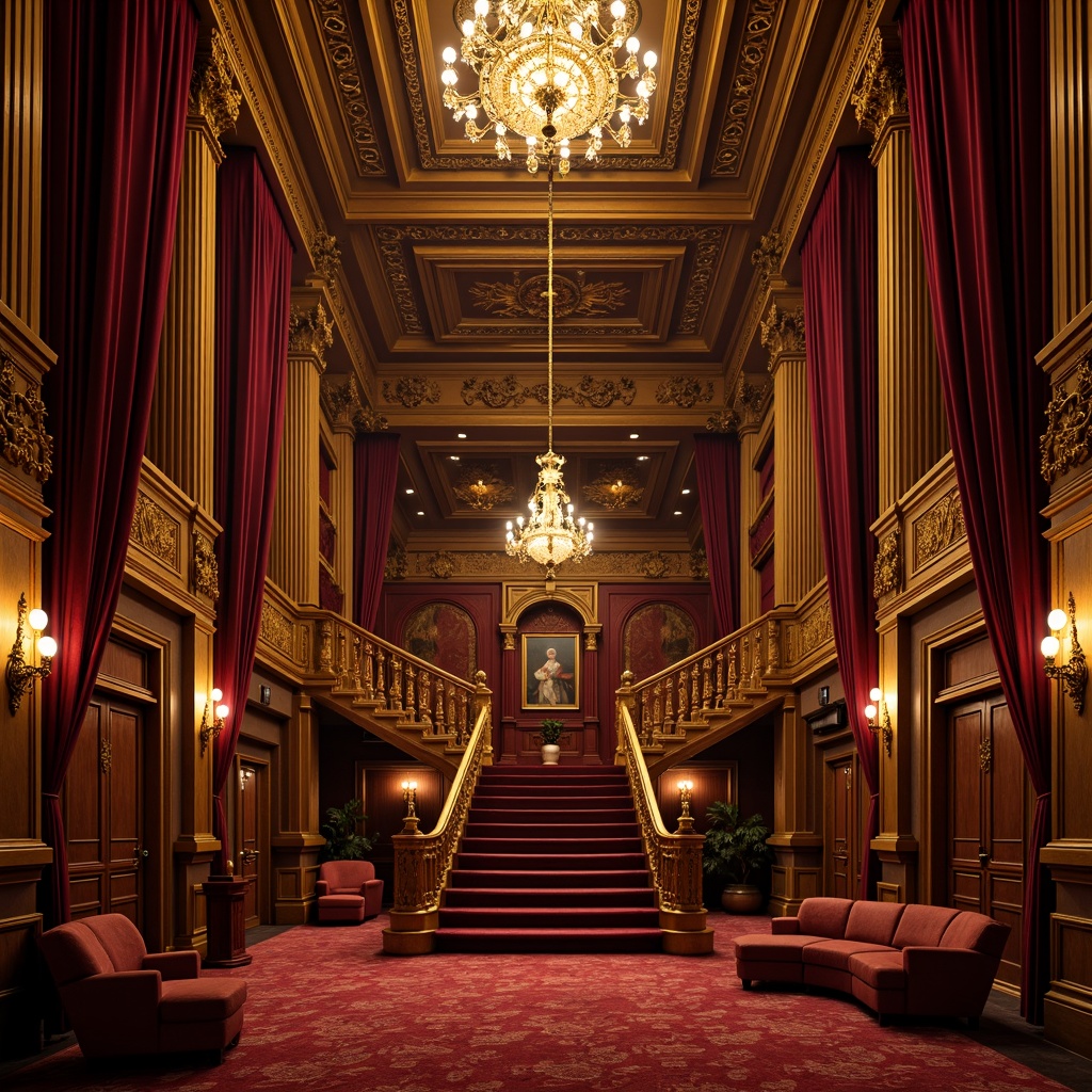 Prompt: Ornate cinema palace, luxurious velvet curtains, golden ornamental details, rich wood paneling, intricate plasterwork, grandiose chandeliers, red carpeted stairs, opulent furnishings, Baroque-inspired architecture, warm soft lighting, shallow depth of field, 1/1 composition, cinematic camera angles, realistic textures, ambient occlusion, dramatic shadows, high-contrast lighting, mysterious atmosphere.