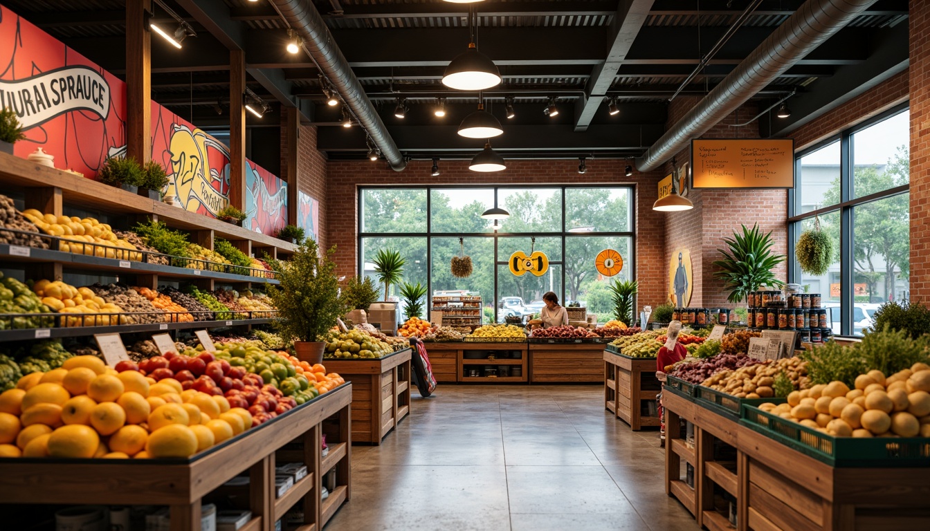 Prompt: Vibrant grocery store interior, bold color scheme, bright signage, fresh produce displays, wooden crates, metal shelves, modern lighting fixtures, polished concrete floors, natural stone walls, eclectic decorative accents, lively atmosphere, warm inviting ambiance, shallow depth of field, 1/1 composition, realistic textures, ambient occlusion.