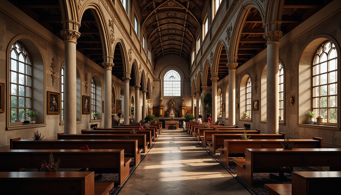 Prompt: Intricate stone carvings, ornate wooden pews, stained glass windows, grandiose vaulted ceilings, ribbed arches, Gothic-inspired columns, lavish frescoes, ornamental metalwork, intricate mosaics, subtle warm lighting, soft focus, shallow depth of field, 1/2 composition, symmetrical framing, richly patterned textiles, luxurious velvet drapes, polished marble floors, ornate golden accents, mystical ambiance, serene atmosphere.