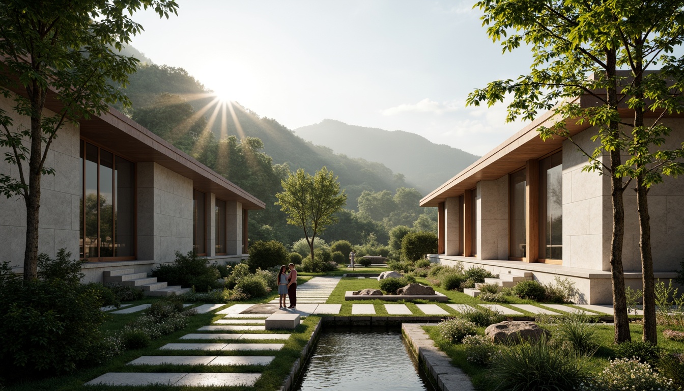 Prompt: Serene monastery courtyard, lush greenery, natural stone walls, modern minimalist architecture, clean lines, simple forms, large windows, glass doors, wooden accents, peaceful ambiance, misty morning, soft warm lighting, shallow depth of field, 3/4 composition, panoramic view, realistic textures, ambient occlusion, surrounding mountains, rolling hills, winding paths, rustic benches, spiritual statues, water features, koi ponds, bamboo forests, subtle fog effects.