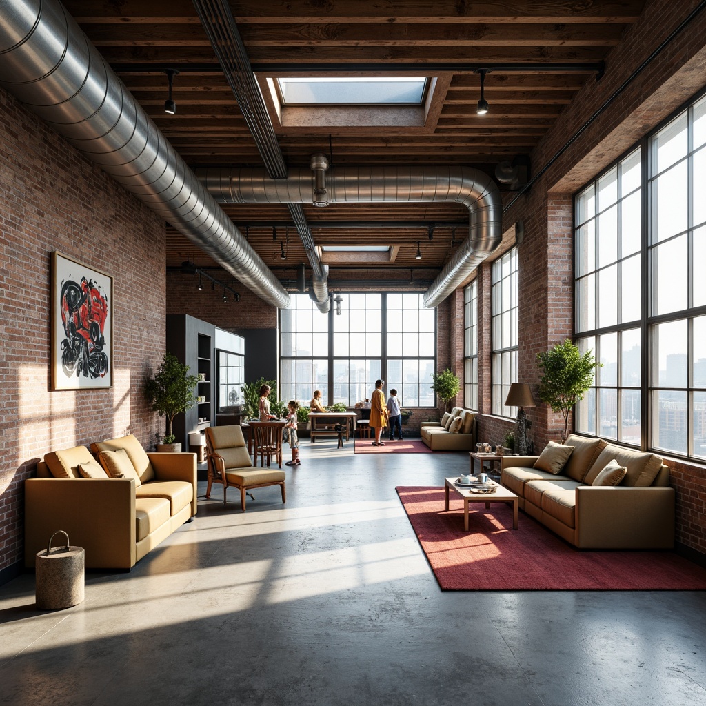 Prompt: Exposed ductwork, industrial pipes, reclaimed wood accents, metal beams, concrete floors, brick walls, large windows, skylights, open floor plans, minimalist decor, functional spaces, eclectic furniture, vintage decorative items, bold color schemes, abstract artwork, urban cityscape views, soft natural lighting, shallow depth of field, 1/1 composition, realistic textures, ambient occlusion.