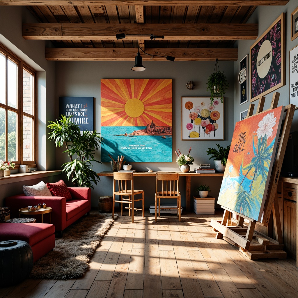 Prompt: Vibrant art studio, bold brushstrokes, contrasting colors, abstract expressionism, textured canvases, eclectic furniture, inspirational quotes, natural light pouring in, wooden floorboards, modern easels, artistic freedom, warm color palette, high-contrast lighting, shallow depth of field, 1/1 composition, realistic textures, ambient occlusion.