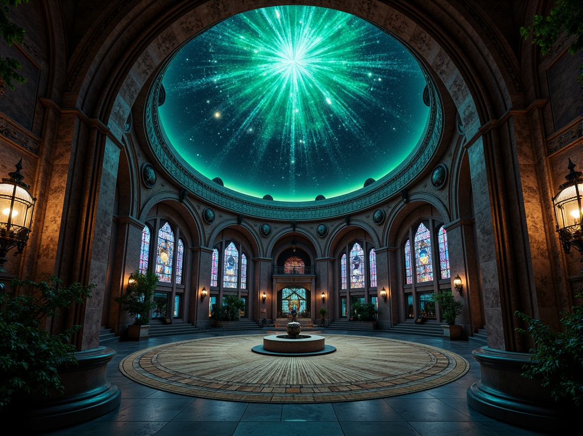 Prompt: Dark mysterious planetarium, gothic arches, celestial bodies, starry night sky, rich jewel-toned colors, emerald green, sapphire blue, amethyst purple, gold accents, intricate stone carvings, ornate metalwork, stained glass windows, grandiose chandeliers, mystical ambiance, soft ethereal lighting, dramatic shadows, 1/1 composition, symmetrical framing, high contrast ratio, cinematic atmosphere.