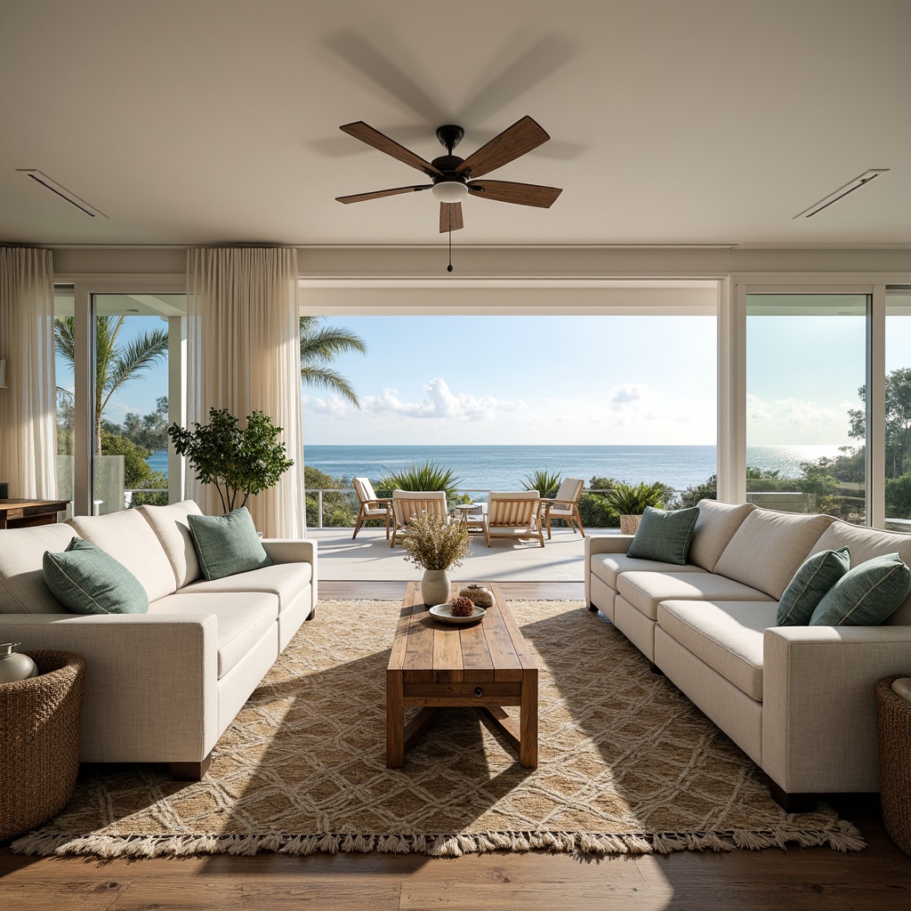 Prompt: Coastal living room, ocean-inspired color palette, driftwood accents, natural textiles, woven sea grass rugs, coral-patterned throw pillows, nautical-themed decorative objects, floor-to-ceiling windows, sliding glass doors, beachy vibe, soft warm lighting, shallow depth of field, 3/4 composition, panoramic view, realistic textures, ambient occlusion, modern minimalist furniture, reclaimed wood coffee table, comfortable linen sofas, ocean-breeze sound effects.