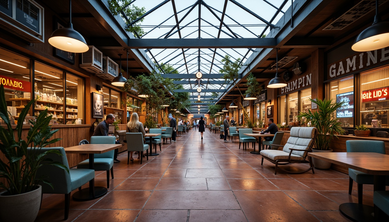 Prompt: Monochromatic modern market, sleek glass roofs, polished metal accents, industrial chic atmosphere, exposed ductwork, reclaimed wood textures, urban cityscape backdrop, vibrant neon signage, eclectic mix of vintage and contemporary furniture, rich terracotta flooring, warm golden lighting, shallow depth of field, 1/1 composition, realistic reflections, ambient occlusion.