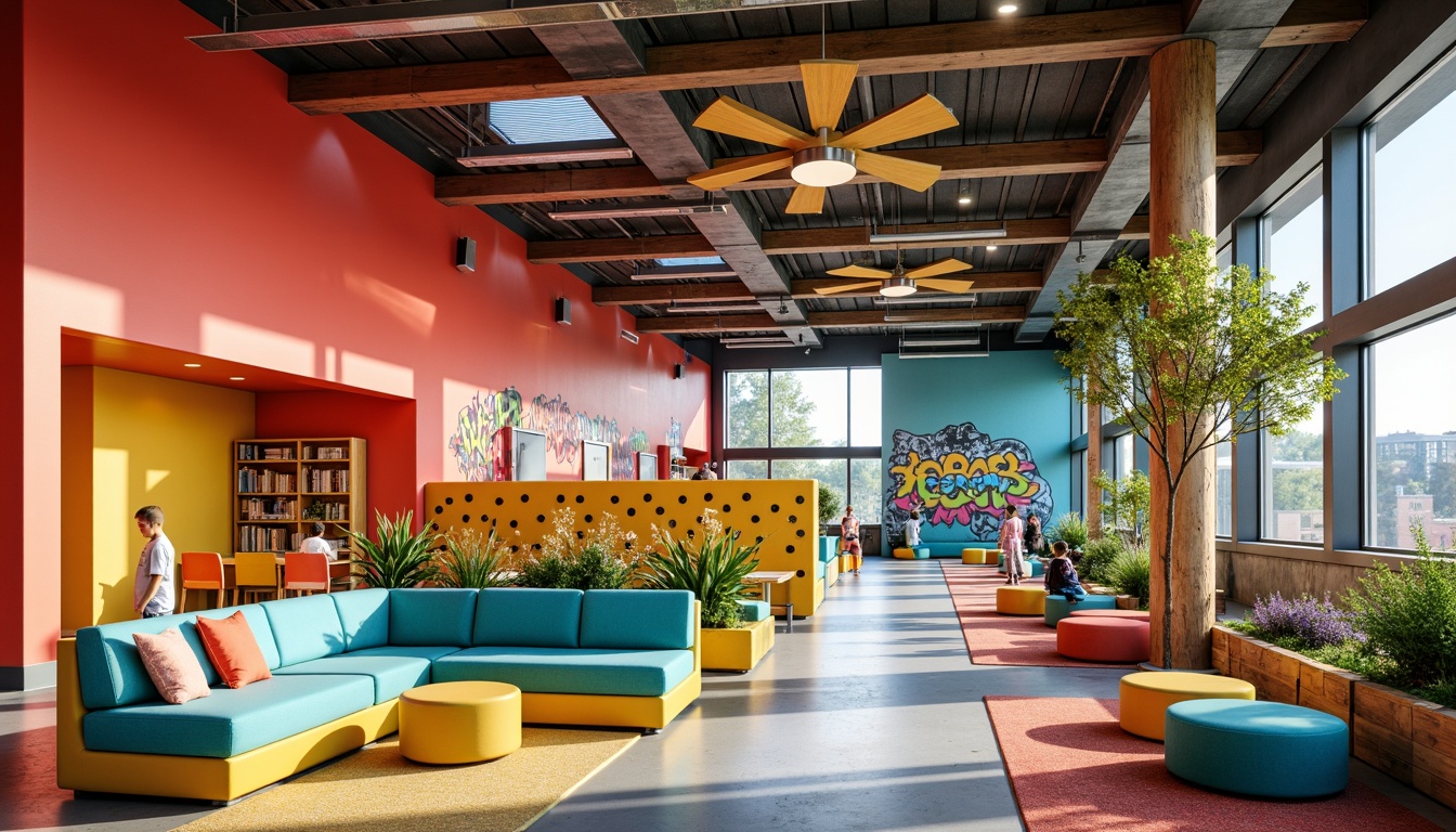 Prompt: Vibrant youth center, energetic atmosphere, bold color scheme, bright coral walls, turquoise accents, sunny yellow furniture, playful polka dots, modern graffiti murals, urban industrial decor, reclaimed wood textures, metal beam ceilings, natural light pouring in, airy open spaces, cozy reading nooks, collaborative workstations, dynamic lighting effects, 1/2 composition, shallow depth of field, warm and inviting ambiance.