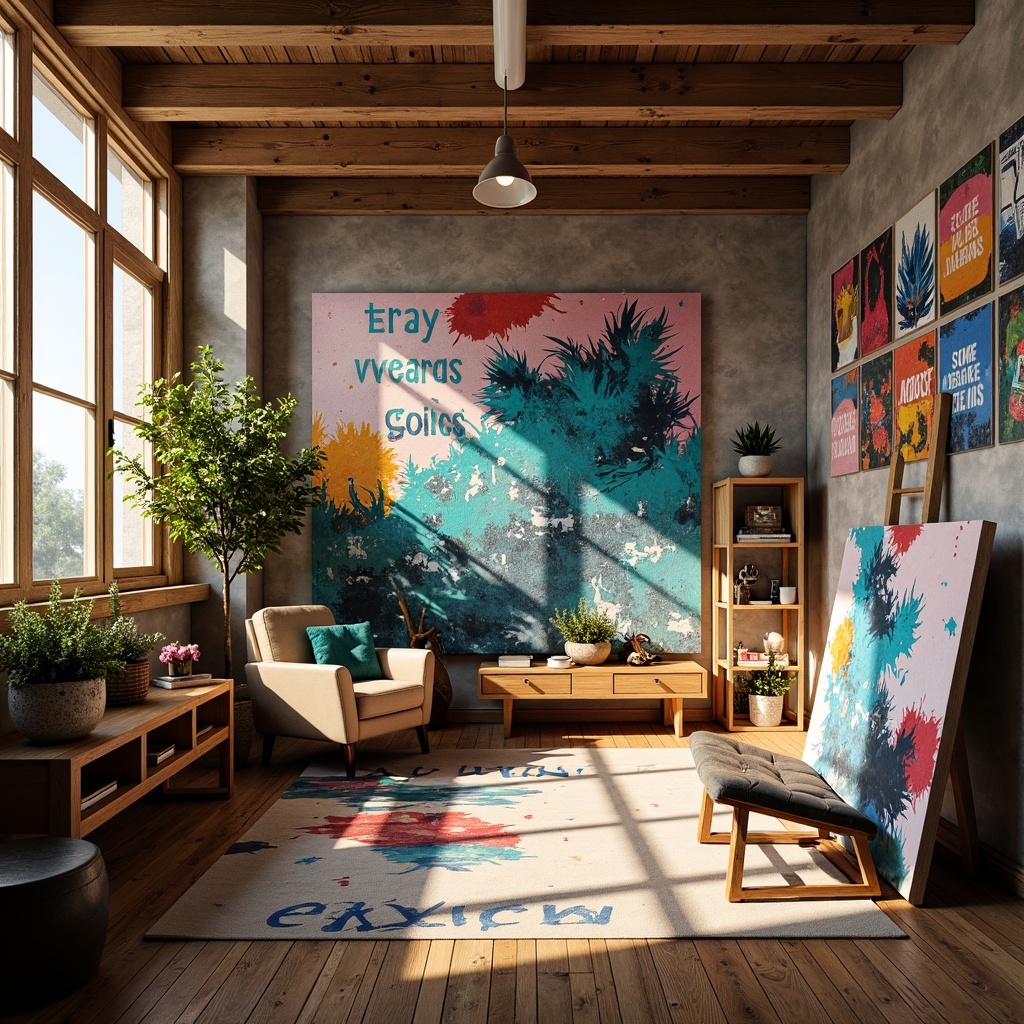 Prompt: Vibrant art studio, bold brushstrokes, contrasting colors, abstract expressionism, textured canvases, eclectic furniture, inspirational quotes, natural light pouring in, wooden floorboards, modern easels, artistic freedom, warm color palette, high-contrast lighting, shallow depth of field, 1/1 composition, realistic textures, ambient occlusion.