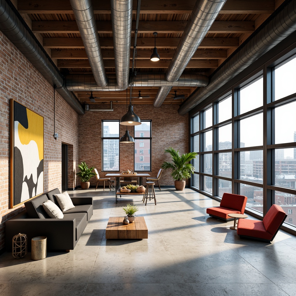 Prompt: Exposed ductwork, industrial pipes, reclaimed wood accents, metal beams, concrete floors, brick walls, large windows, skylights, open floor plans, minimalist decor, functional spaces, eclectic furniture, vintage decorative items, bold color schemes, abstract artwork, urban cityscape views, soft natural lighting, shallow depth of field, 1/1 composition, realistic textures, ambient occlusion.