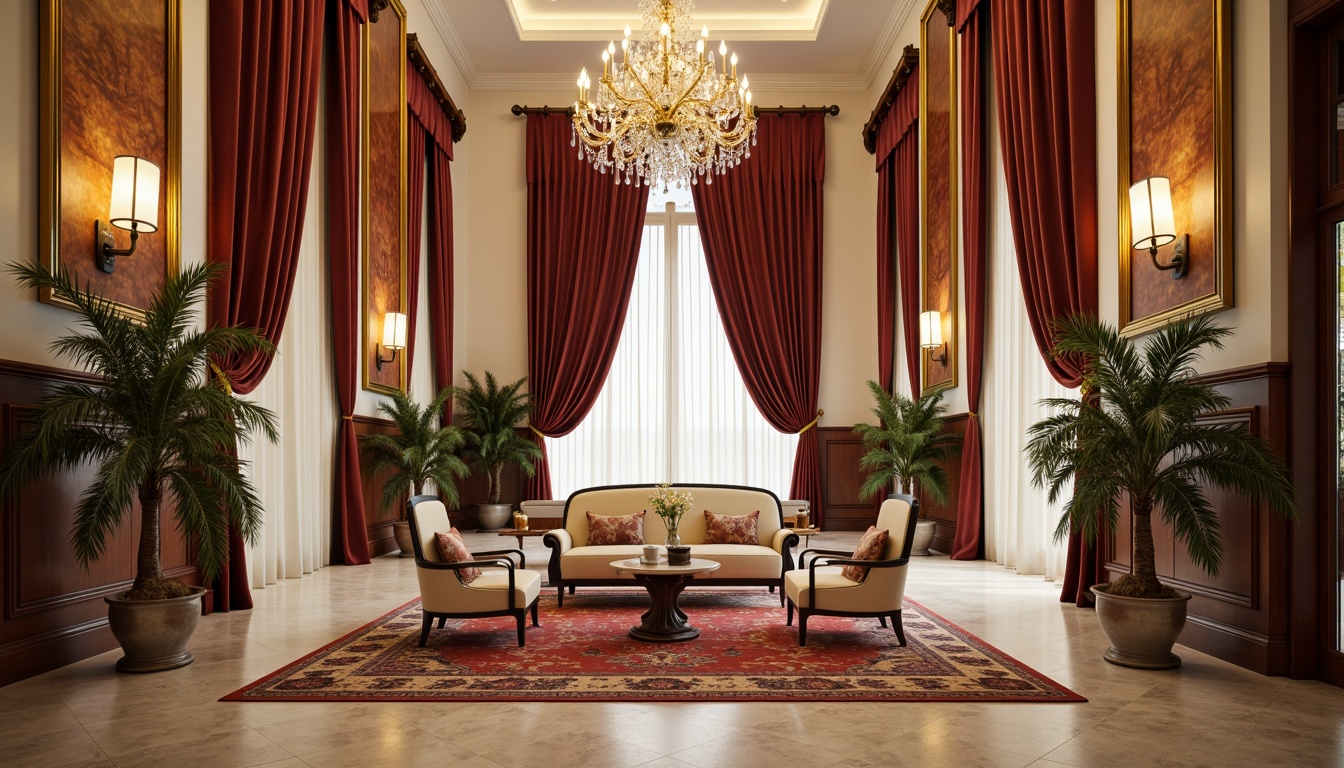 Prompt: Luxurious hotel lobby, rich velvet drapes, ornate golden frames, plush silk sofas, intricately patterned rugs, majestic crystal chandeliers, elegant marble floors, neoclassical columns, subtle cream walls, sophisticated furniture upholstery, lavish curtains, opulent fabrics, refined embroidery, delicate lace details, warm ambient lighting, shallow depth of field, 1/2 composition, realistic textures, soft focus effect.