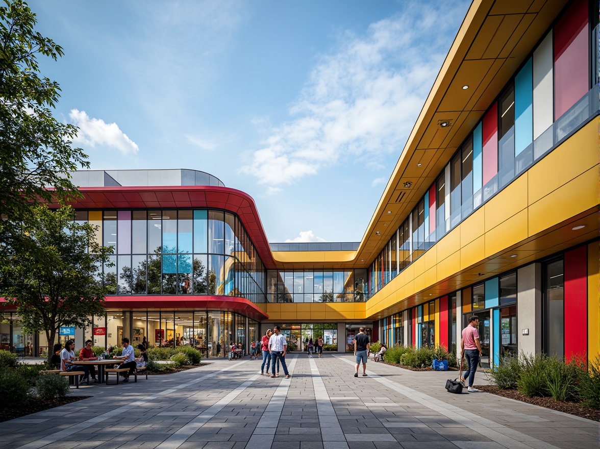 Prompt: Vibrant high school building, fusion architecture style, curved lines, dynamic shapes, bold color scheme, metallic materials, glass fa\u00e7ade, LED lighting system, modern entrance design, cantilevered rooflines, open-air courtyard, lush greenery, educational signage, interactive display screens, collaborative learning spaces, flexible seating arrangements, natural stone flooring, polished concrete walls, abundant daylighting, soft warm ambiance, shallow depth of field, 3/4 composition, panoramic view, realistic textures, ambient occlusion.