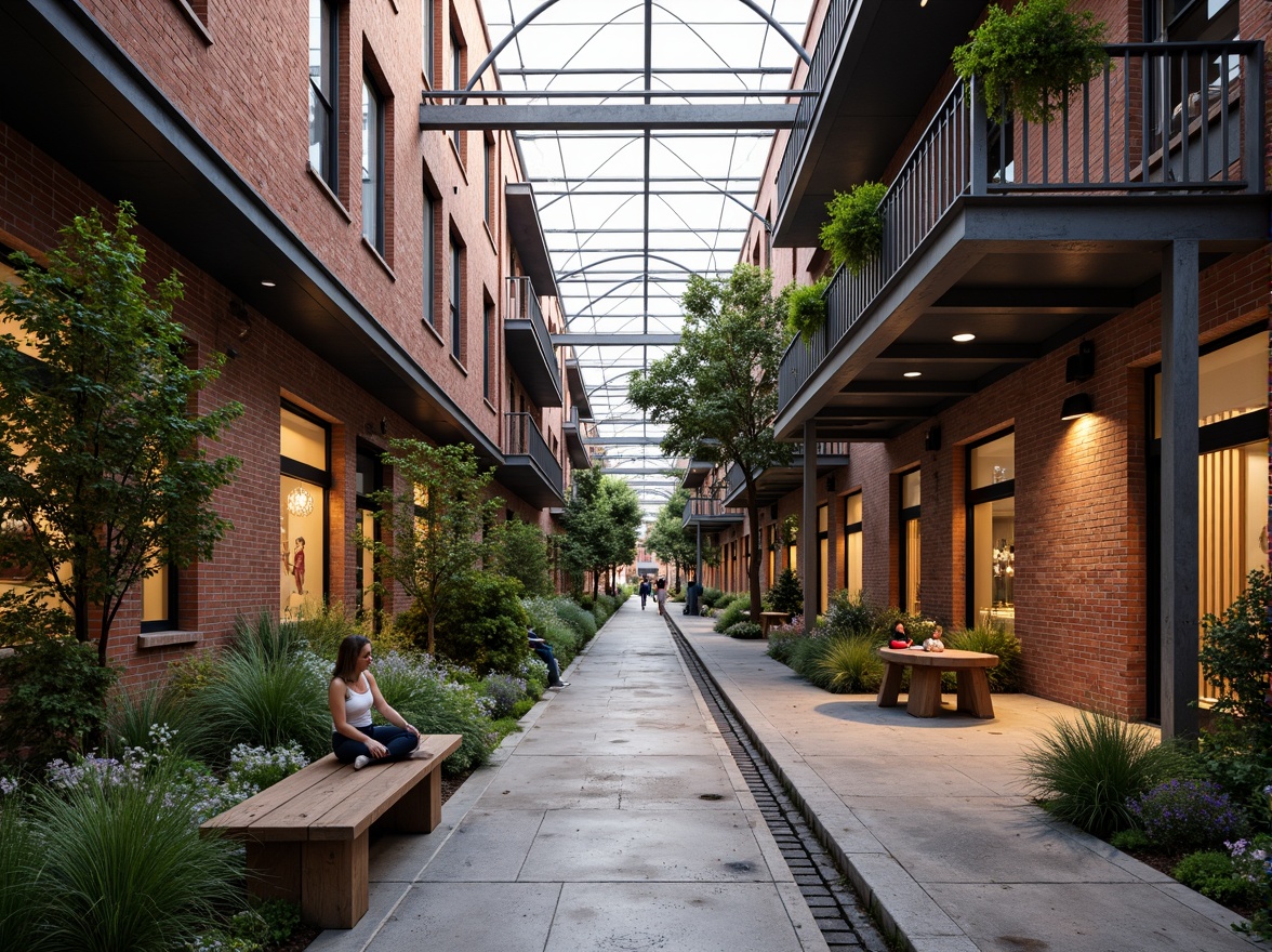 Prompt: Rustic warehouse district, industrial heritage, exposed brick facades, metal accents, reclaimed wood features, urban green spaces, native plant species, meandering walkways, weathered steel benches, distressed concrete textures, functional drainage systems, overhead crane tracks, vintage signage, warm atmospheric lighting, shallow depth of field, 2/3 composition, symmetrical framing, realistic material rendering.