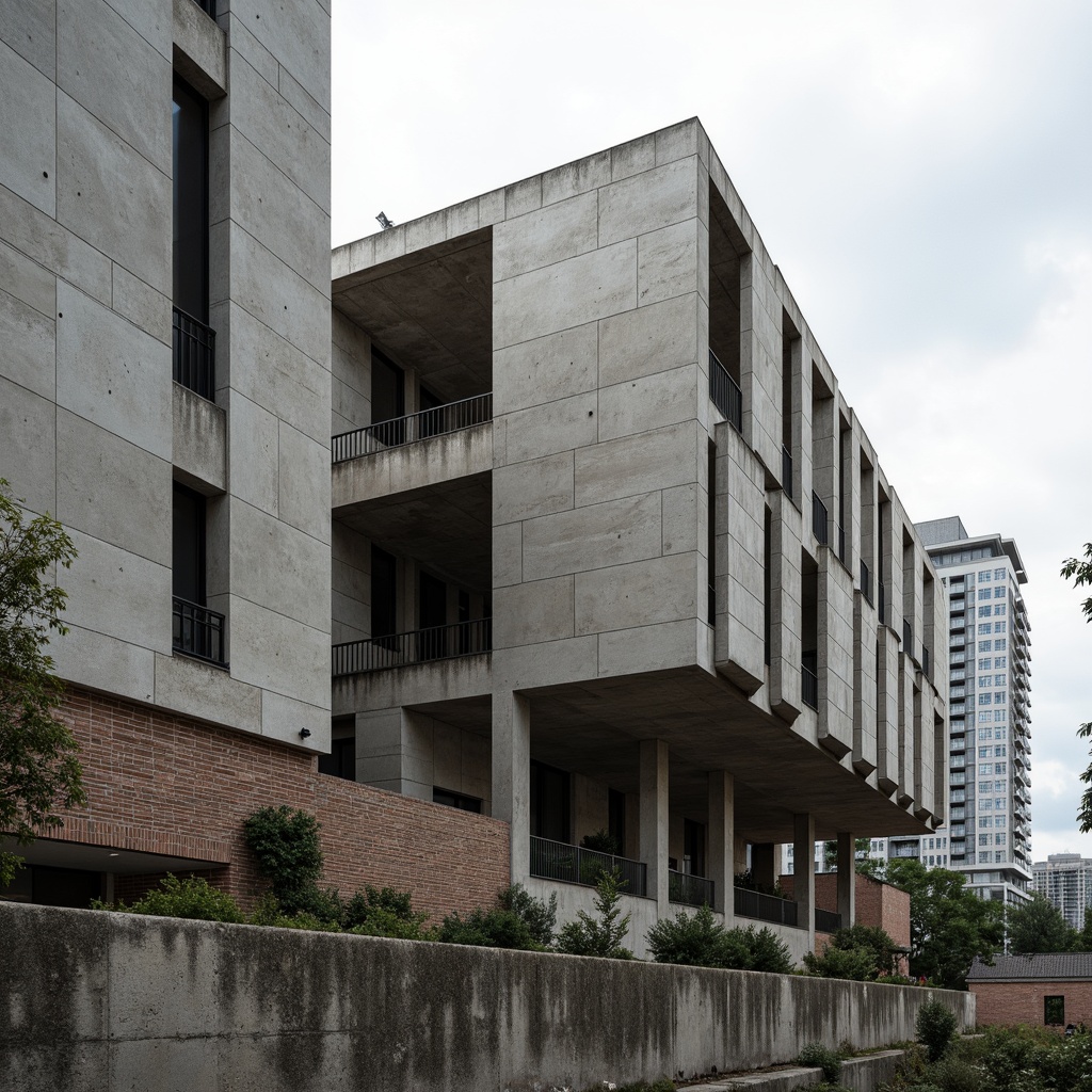 Prompt: Exposed concrete structures, rugged textures, fortress-like buildings, monumental scale, raw unfinished surfaces, bold geometric forms, dramatic cantilevers, chunky columns, brutalist fa\u00e7ades, industrial materials, weathered steel beams, rough-hewn stone walls, urban landscapes, overcast skies, high-contrast lighting, deep shadows, 1/2 composition, low-angle shots, gritty realistic textures, ambient occlusion.