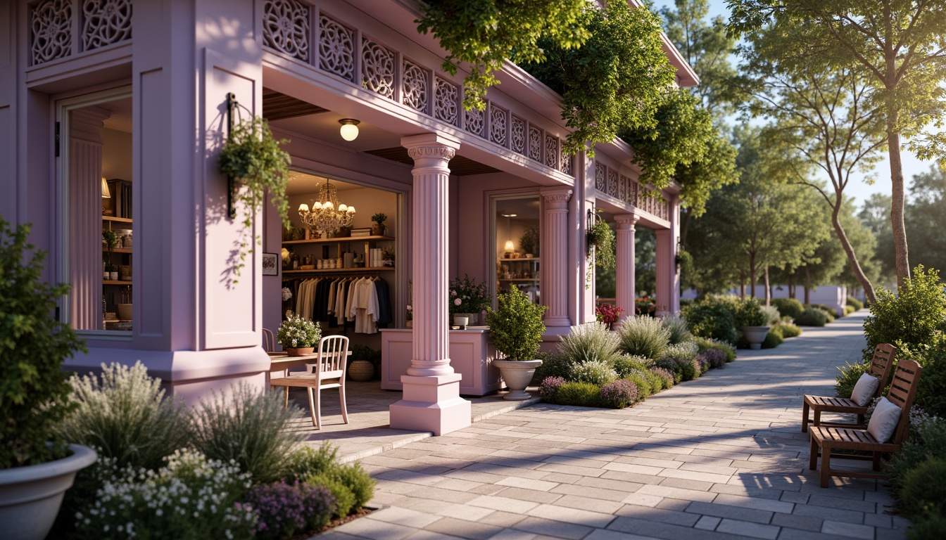 Prompt: Whimsical lilac-hued boutique, ornate Victorian architecture, delicate filigree details, soft pastel colors, romantic florals, lush greenery, vintage garden benches, distressed wooden accents, antique bronze fixtures, warm golden lighting, shallow depth of field, 1/1 composition, intimate close-up shots, realistic textures, ambient occlusion.