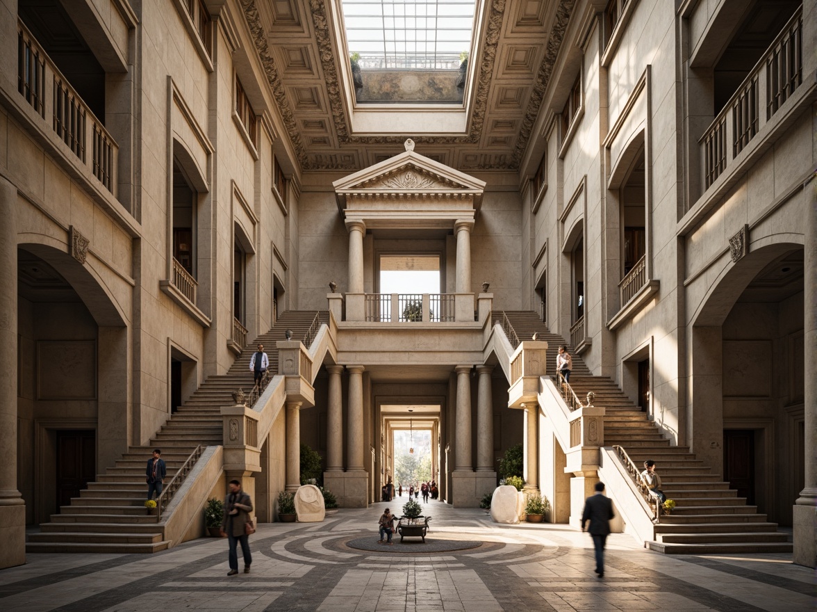 Prompt: Grandiose neoclassical building, symmetrical facade, ornate columns, carved stone details, imposing entrance, sweeping staircases, elegant archways, refined moldings, subtle color palette, natural light pouring through tall windows, dramatic shadows, precise 1/1 composition, central axis alignment, bilateral symmetry, classical orders, rusticated base, pedimented roof, ornamental balustrades, majestic proportions, serene atmosphere, soft warm lighting, high contrast ratio.