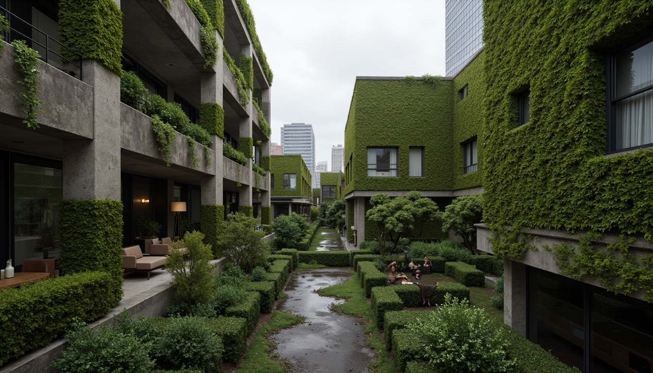 Prompt: Moss-green brutalist architecture, rugged concrete textures, industrial-style pipes, exposed ductwork, urban cityscape, overcast sky, dramatic shadows, bold geometric forms, raw unfinished surfaces, minimalist decor, functional design, earthy tone color scheme, natural material palette, organic-inspired patterns, abstract art installations, moody atmospheric lighting, high-contrast photography, cinematic composition, gritty urban feel.