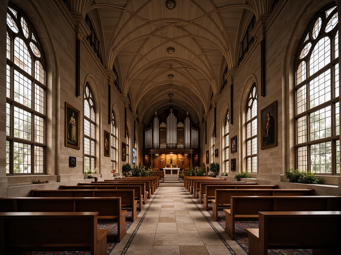 Prompt: Ancient stone church, Gothic arches, stained glass windows, ornate wooden pews, vaulted ceilings, grand pipe organs, intricate carvings, sacred relics, serene ambiance, soft warm lighting, shallow depth of field, 3/4 composition, panoramic view, realistic textures, ambient occlusion, fusion of modern minimalist design, sleek metal accents, clean lines, sustainable energy solutions, solar panels, green roofs, eco-friendly materials, innovative cooling technologies, shaded outdoor spaces, misting systems, vibrant colorful textiles, intricate geometric motifs.