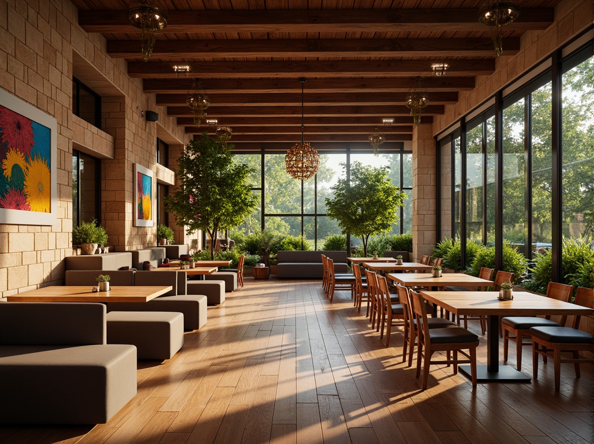 Prompt: Cozy dining hall, warm wooden flooring, elegant chandeliers, comfortable seating areas, rustic stone walls, modern minimalist tables, soft cushioned chairs, vibrant colorful artwork, lush greenery, natural light pouring in, large windows, sliding glass doors, serene atmosphere, shallow depth of field, 1/1 composition, realistic textures, ambient occlusion.