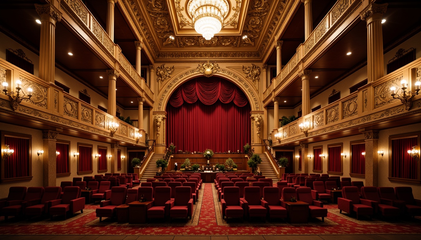 Prompt: Ornate cinema palace, luxurious velvet curtains, golden ornamental details, rich wood paneling, intricate plasterwork, grandiose chandeliers, red carpeted stairs, opulent furnishings, Baroque-inspired architecture, warm soft lighting, shallow depth of field, 1/1 composition, cinematic camera angles, realistic textures, ambient occlusion, dramatic shadows, high-contrast lighting, mysterious atmosphere.