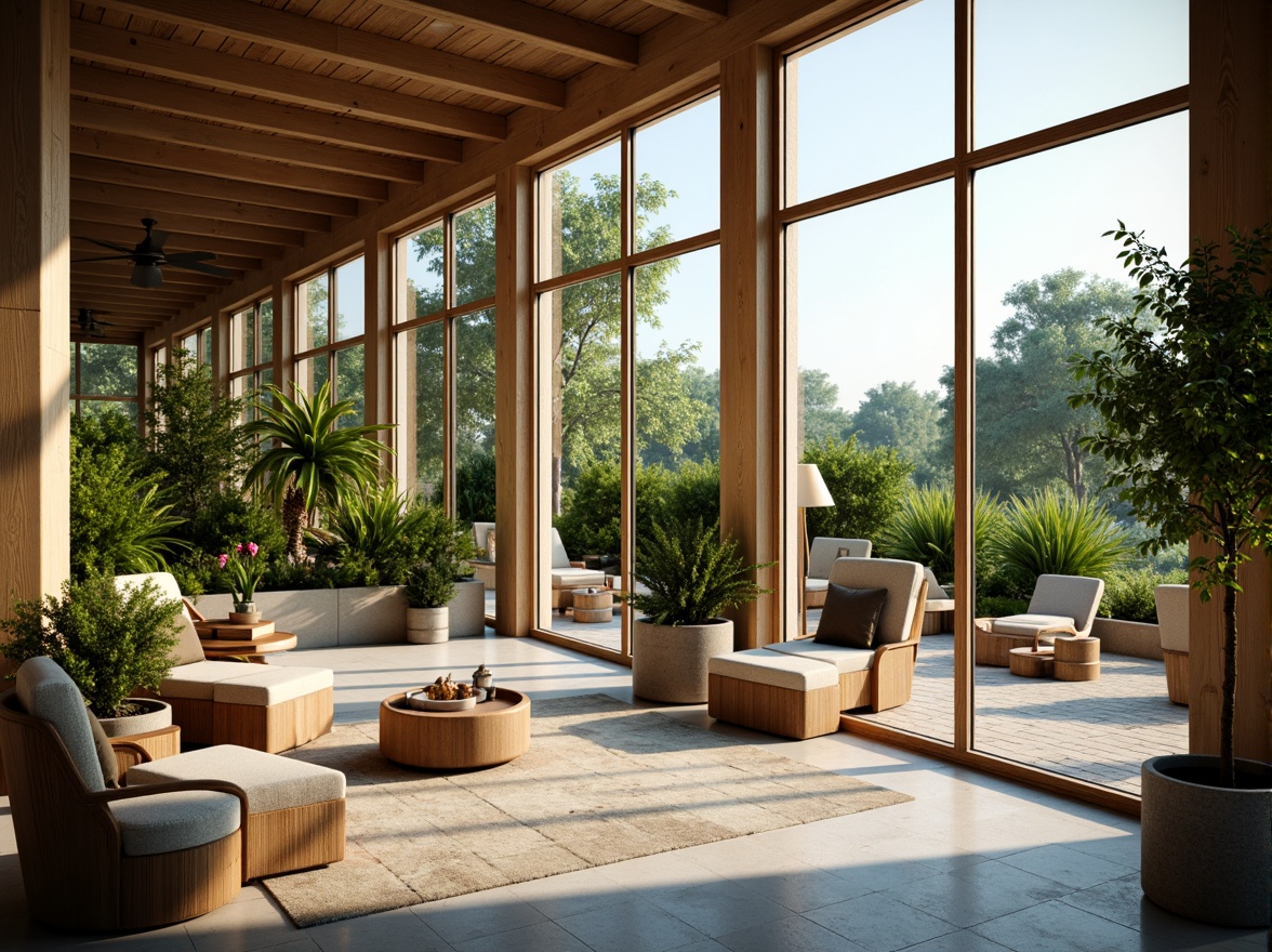 Prompt: Bright airy interior, floor-to-ceiling windows, sliding glass doors, natural stone flooring, wooden accents, lush greenery, vibrant flowers, modern minimalist decor, soft warm lighting, shallow depth of field, 3/4 composition, panoramic view, realistic textures, ambient occlusion.