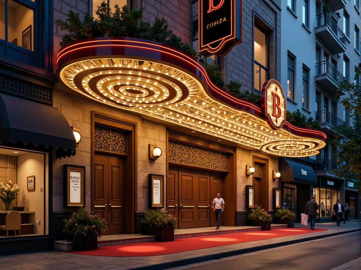 Prompt: Ornate cinema facade, vintage signage, decorative cornices, grand entranceways, red carpeting, golden accents, intricate moldings, ornamental columns, cinematic lighting, warm color palette, nostalgic atmosphere, urban cityscape, bustling streets, evening ambiance, soft focus, shallow depth of field, 1/2 composition, cinematic framing, realistic textures, ambient occlusion.