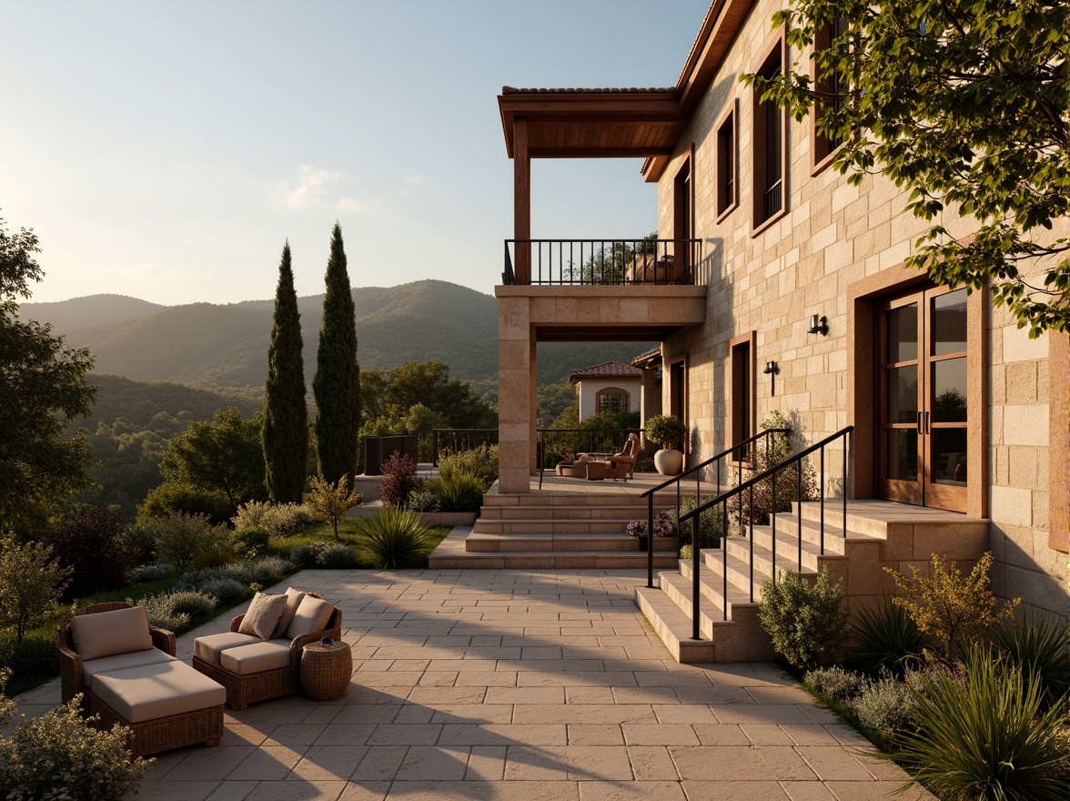 Prompt: Cinematic villa, Mediterranean landscape, rolling hills, olive groves, cypress trees, rustic stone walls, earthy tones, wooden accents, grand entrance, sweeping staircases, ornate balconies, cinematic lighting, warm golden hour, shallow depth of field, 1/1 composition, symmetrical framing, realistic textures, ambient occlusion, naturalistic color palette, subtle camera movements, dramatic shadows.