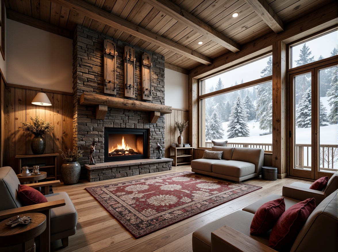 Prompt: Cozy ski lodge, rustic wooden accents, warm fireplace, plush furnishings, snowflake-patterned rugs, wooden ski racks, vintage ski equipment decor, large windows with snowy mountain views, natural stone walls, earthy color palette, soft warm lighting, shallow depth of field, 3/4 composition, panoramic view, realistic textures, ambient occlusion.