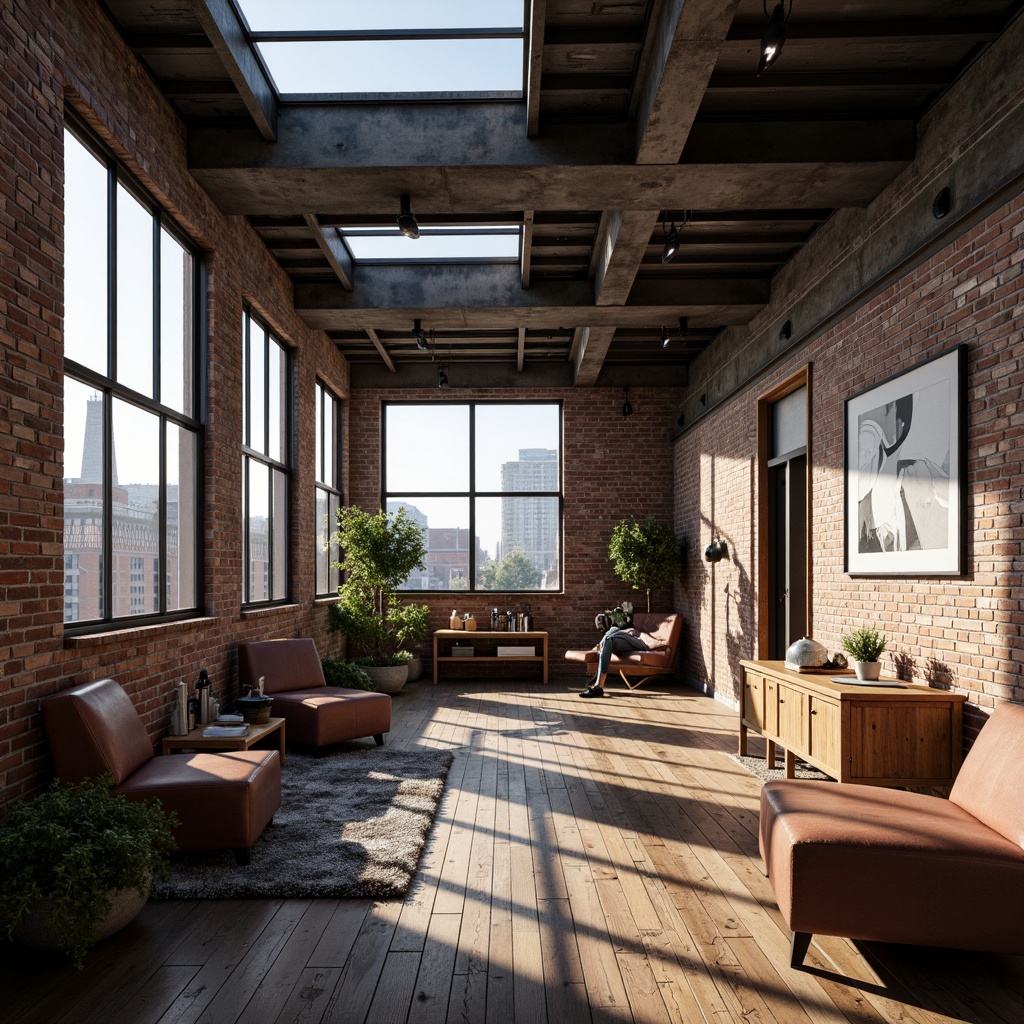 Prompt: Exposed brick walls, industrial metal beams, reclaimed wood floors, minimalist decor, urban cityscape views, large windows, clerestory windows, skylights, natural ventilation, airy open spaces, postmodernist architectural elements, distressed finishes, eclectic furniture, abstract artwork, moody atmospheric lighting, warm color palette, soft shadows, high contrast ratio, 1/1 composition, shallow depth of field, realistic textures, ambient occlusion.