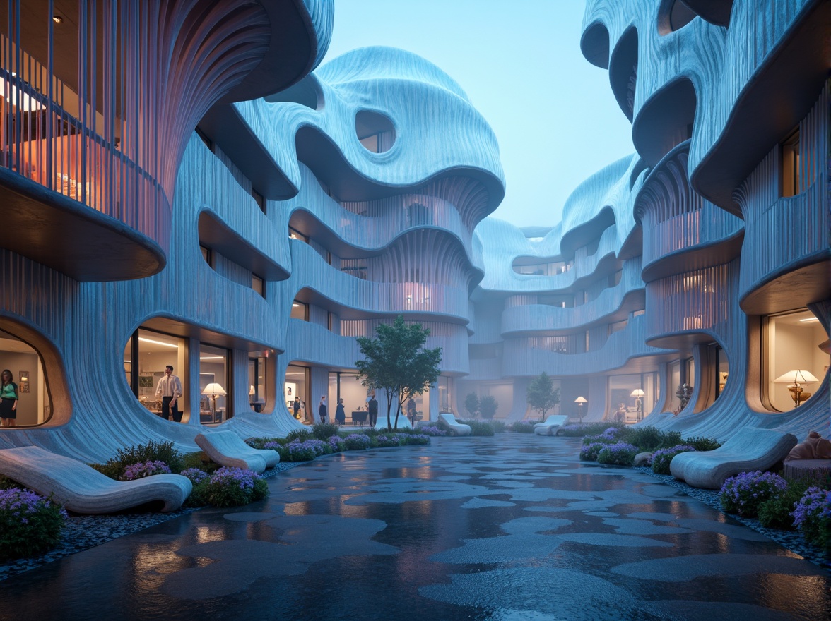 Prompt: Curved, amoeba-like buildings, iridescent colors, translucent membranes, undulating walls, fluidic shapes, futuristic architecture, bioluminescent accents, misty atmosphere, soft focus, shallow depth of field, 1/2 composition, wide-angle lens, dreamy lighting, ethereal ambiance, organic textures, subtle animations, surreal landscape, eerie soundscape.