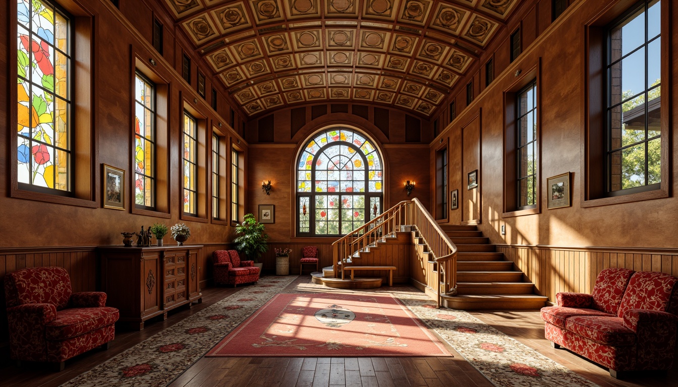 Prompt: Elegant Art Nouveau school interior, ornate wooden paneling, sinuous lines, flowing curves, stained glass windows, vibrant colorful tiles, intricate metalwork, grand staircases, sweeping archways, luxurious velvet fabrics, richly patterned rugs, warm golden lighting, soft focus, shallow depth of field, 1/1 composition, realistic textures, ambient occlusion.